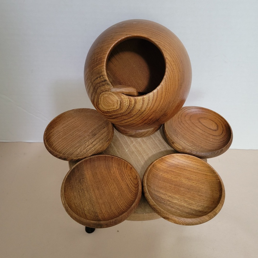 Vintage Mid Century Modern Wood Nut Orb Jar Set w/ Spoon & 4 Small‎ Dishes Japan